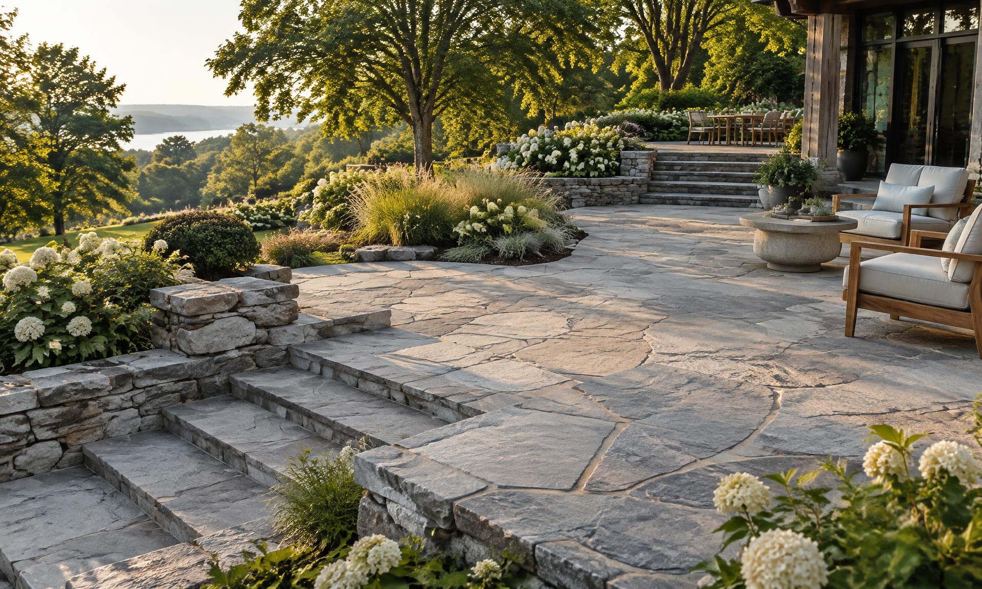 Natural flagstone patio with handcrafted stone steps and lush garden planting